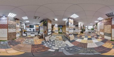 Moskova-2018: 3d küresel panorama 360 derecelik görüş açısı levha ve dekoratif fayans parke ile donanım mağaza iç ile. Tam equirectangular projeksiyon. Vr sanal gerçeklik için hazır. 