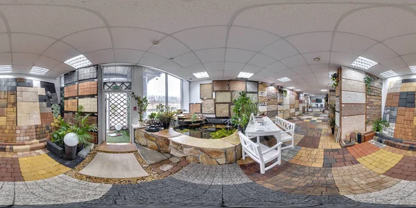 Moscow 2018 球面全景 具有360度的五金店内饰与铺路板和装饰瓷砖的视角 Equirectangular 虚拟现实在 中的准备 — 图库照片