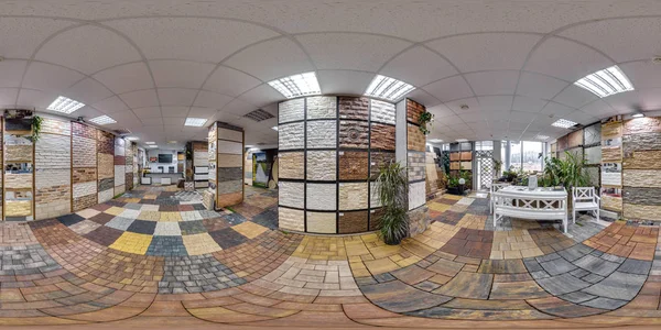 Moscow 2018 球面全景 具有360度的五金店内饰与铺路板和装饰瓷砖的视角 Equirectangular 虚拟现实在 中的准备 — 图库照片