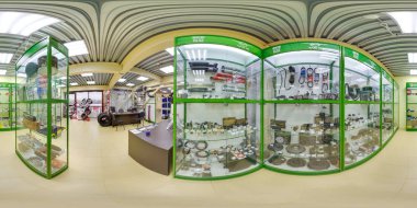 Moskova-2018: 3d küresel panorama 360 derecelik görüş açısı otomatik mağaza iç tamir parçalari, yedek parça, araba parçaları ile birlikte. Vr sanal gerçeklik için hazır. Tam equirectangular projeksiyon. 