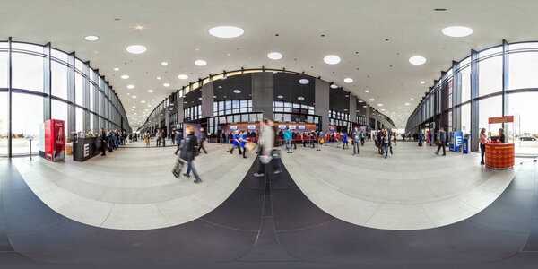 Moscow-2018: 3D spherical panorama with 360 degree viewing angle of the interior of the exhibition center with people.  Full equirectangular projection. Ready for virtual reality in vr.