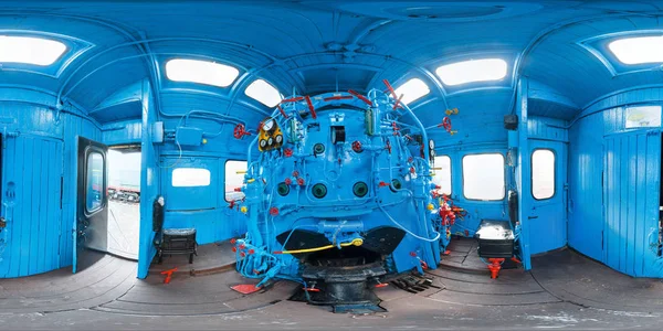 Old train drivers cab. Blue color. 3D spherical panorama with 360 degree viewing angle. Ready for virtual reality in vr. Beautiful background. Full equirectangular projection.