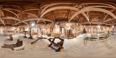 İşkence ve işkence aletleri Müzesi iç. 3B küresel panorama 360 derecelik görüş açısı ile. Vr sanal gerçeklik için hazır. Güzel arka plan. Tam equirectangular projeksiyon. 