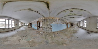 Eski Sovyet mimari 3d küresel panorama 360 derecelik açı bandoned Kışın kar ile Pripyat için sanal gerçeklik vr tam equirectangular projeksiyon korkunç arka plan iç yapı ile ilgilenen ile