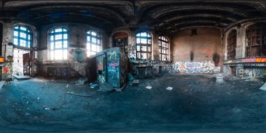 Sanal gerçeklik veya Vr. Tam equirectangular projeksiyon için hazır 360 görüntüleme açısı ile 3d küresel panorama. Hayalet kasaba. Şehrin terk edilmiş endüstriyel bina peyzaj mimarisinin dış