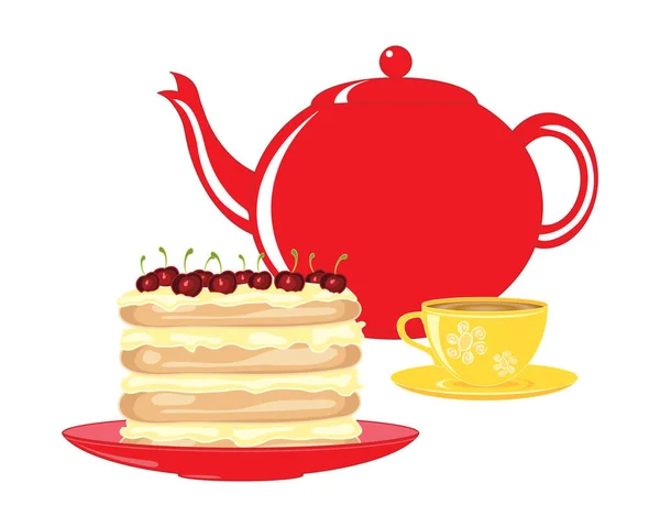 Eps 格式的一个矢量插图红色茶壶与明亮的黄色装饰茶杯和一个美丽的樱桃层蛋糕在白色背景上 — 图库矢量图片