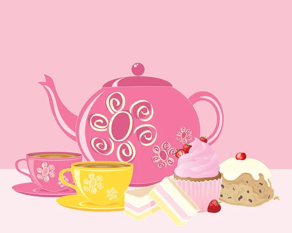 Vector Illustration Eps Format Afternoon Tea Pink Theme Including Teapot — Stock Vector