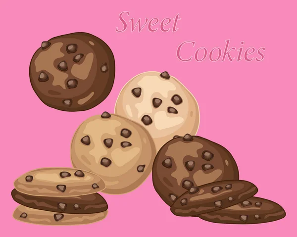 広告形式で甘いピンクの背景の古典的なチョコレート チップ クッキーの Eps 形式のベクトル図 — ストックベクタ