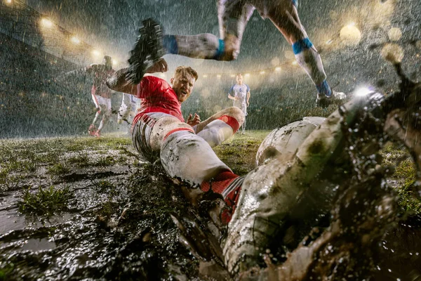 Soccer Players Performs Action Play Professional Night Rain Stadium Dirty — Stock Photo, Image