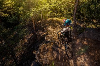 Orman yolunda dağ bisikletçisi. Erkek bisikletçi kayaya biniyor
