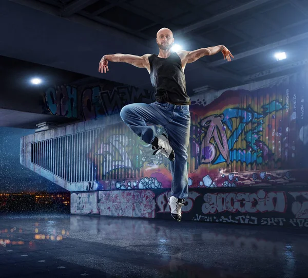 Male Hip Hop Dancer Beautiful Man Dancing Night Background Graffiti — Stock Photo, Image