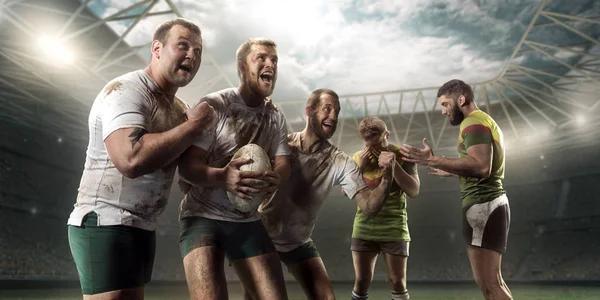 Rugbyspelers Zijn Emotioneel Blij Met Overwinning Het Professionele Rugbystadion — Stockfoto