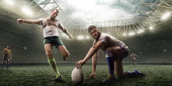 Rugby Spelare Knackade Bollen Professionella Rugby Stadium — Stockfoto