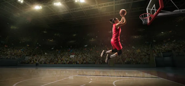 Female Basketball Player Makes Slam Dunk Basketball Player Big Professional — Stock Photo, Image