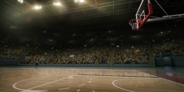 Profesyonel basketbol arenası. Spor taraftarları ile Tribünler. 3d illüstrasyon