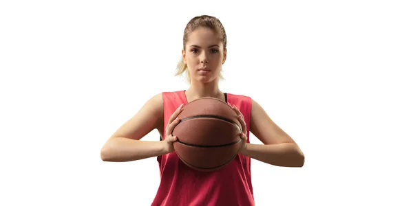 Isolado Jogador Basquete Feminino Com Bola Fundo Branco — Fotografia de Stock