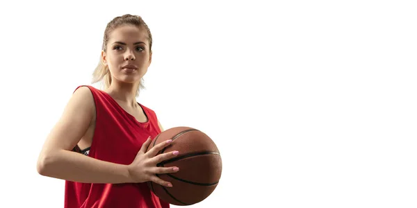 孤立的女子篮球运动员与球在白色背景 — 图库照片