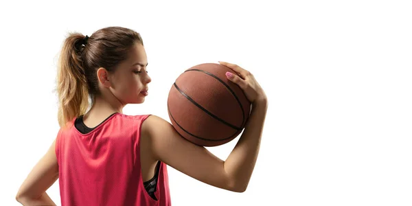 Samostatná Ženská Basketbalová Hráčka Koulí Bílém Pozadí — Stock fotografie