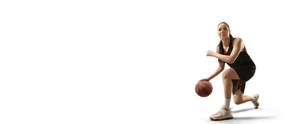 Pemain Basket Wanita Terisolasi Dengan Bola Latar Belakang Putih — Stok Foto