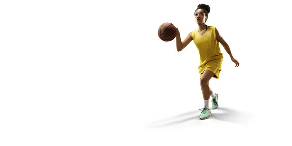 Isolado Jogador Basquete Feminino Com Bola Fundo Branco — Fotografia de Stock