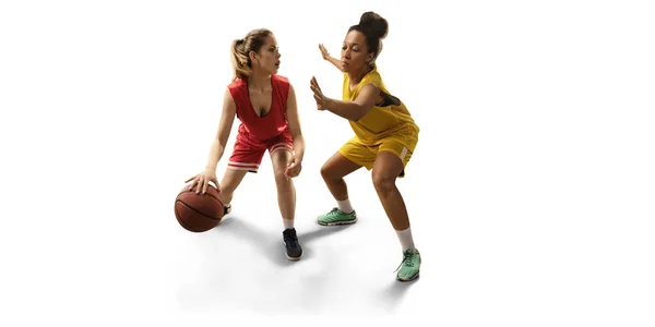 Jogadoras Basquete Femininas Isoladas Lutam Pela Bola Jogadores Basquete Fundo — Fotografia de Stock