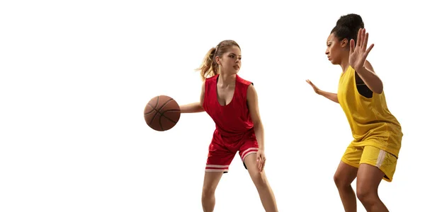 Mujeres Jugadoras Baloncesto Aisladas Luchan Por Balón Jugadores Baloncesto Sobre — Foto de Stock