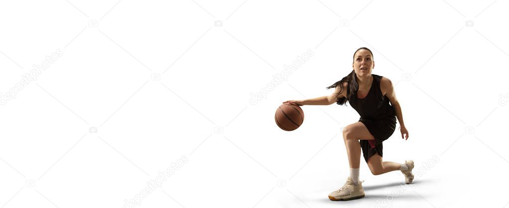 Isolated Female basketball player with ball on white background