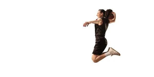 Isolated Female Basketball Player Makes Slam Dunk Basketball Players White — Stock Photo, Image