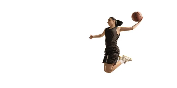 Isolado Jogador Basquete Feminino Faz Slam Dunk Jogadores Basquete Fundo — Fotografia de Stock