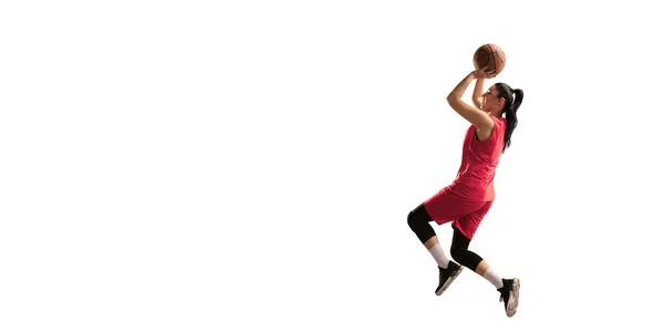 Geïsoleerde Vrouwelijke Basketballer Maakt Slam Dunk Basketballers Witte Achtergrond — Stockfoto