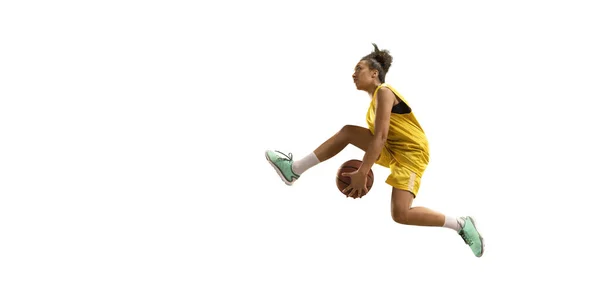 Isolado Jogador Basquete Feminino Faz Slam Dunk Jogadores Basquete Fundo — Fotografia de Stock