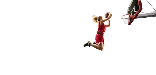 Zole Kadın Basketbolcu Slam Dunk Yapar Beyaz Arka Planda Basketbol — Stok fotoğraf