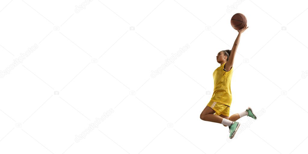 Isolated Female basketball player makes slam dunk. Basketball players on white background