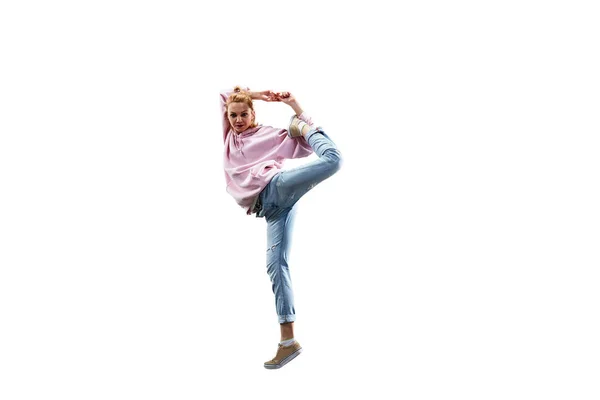 Dançarina Hip Hop Feminina Isolada Menina Bonita Dançando Fundo Branco — Fotografia de Stock