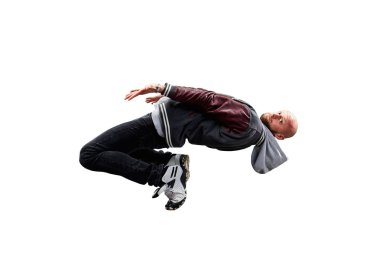 İzole erkek Hip Hop Dansçısı. Beyaz arka planda dans eden güzel adam