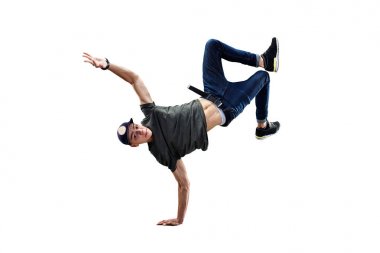 İzole erkek Hip Hop Dansçısı. Beyaz arka planda dans eden güzel adam