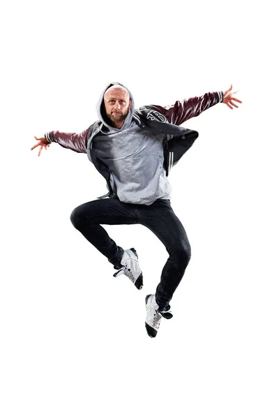 Homem Isolado Dançarino Hip Hop Bonito Cara Dançando Fundo Branco — Fotografia de Stock
