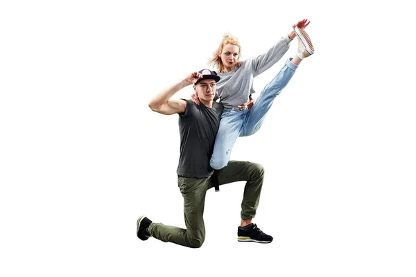 Isolated Hip Hop Dancers Beautiful Couple Passionately Dancing White Background — Stock Photo, Image