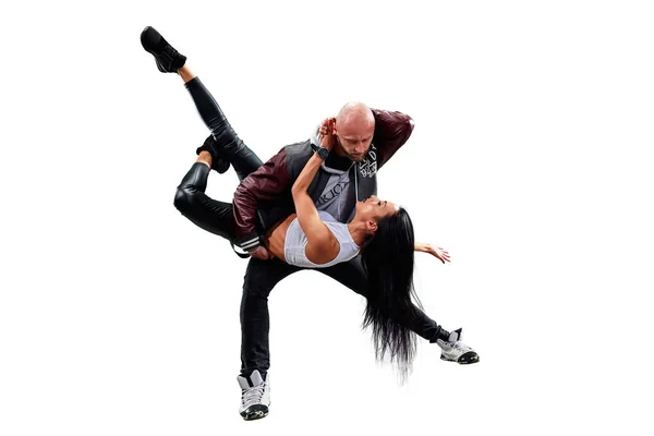 Isolated Hip Hop Dancers Beautiful Couple Passionately Dancing White Background — Stock Photo, Image