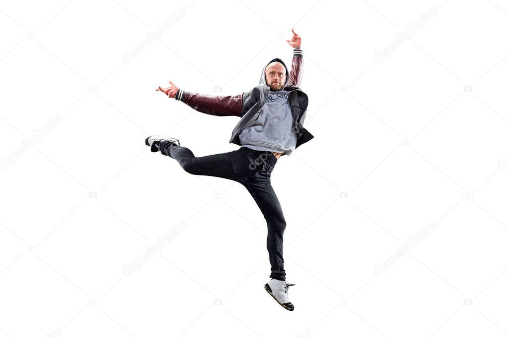 Isolated male Hip Hop Dancer. Beautiful guy dancing on white background