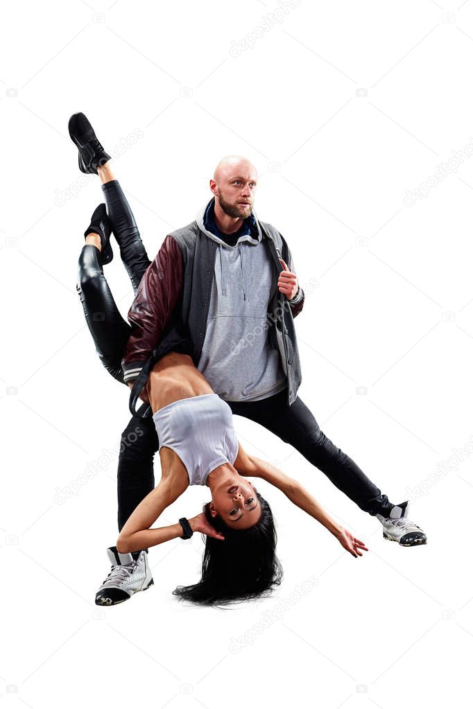 Isolated Hip Hop Dancers. Beautiful couple passionately dancing on white background