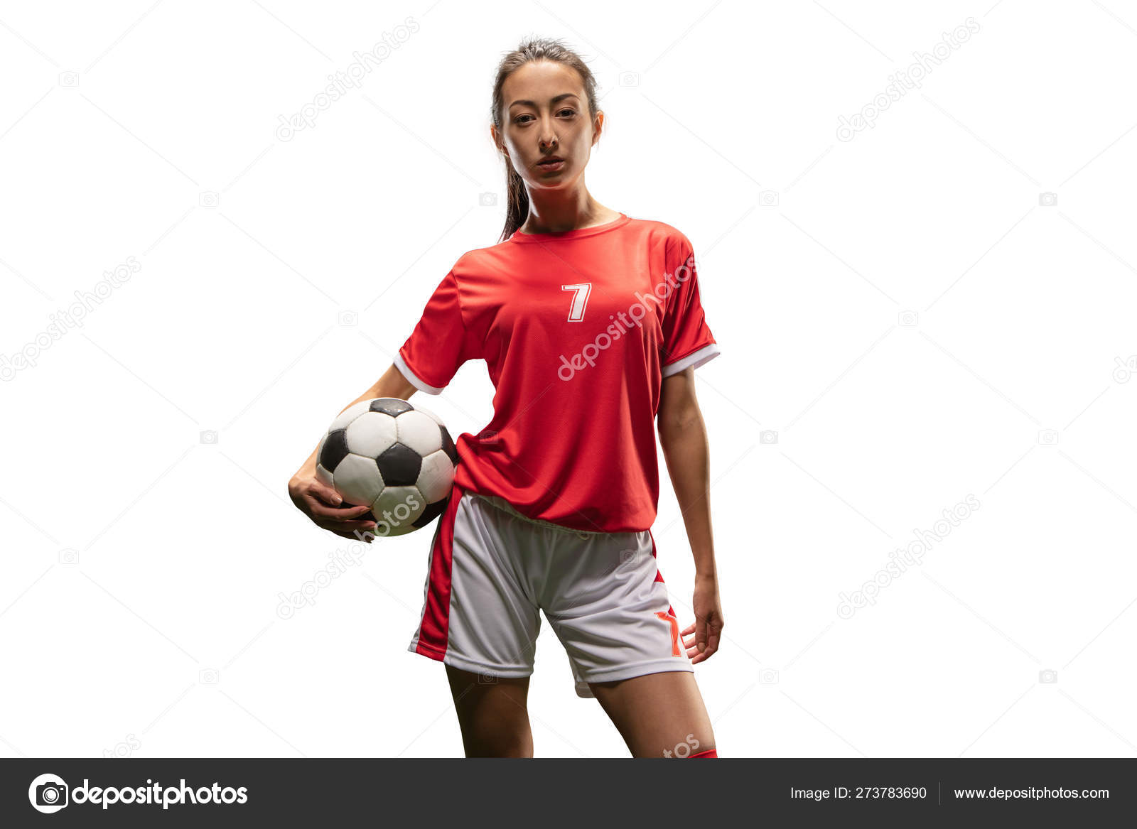 Isolated Female Soccer Player Play White Background Girl Soccer Ball