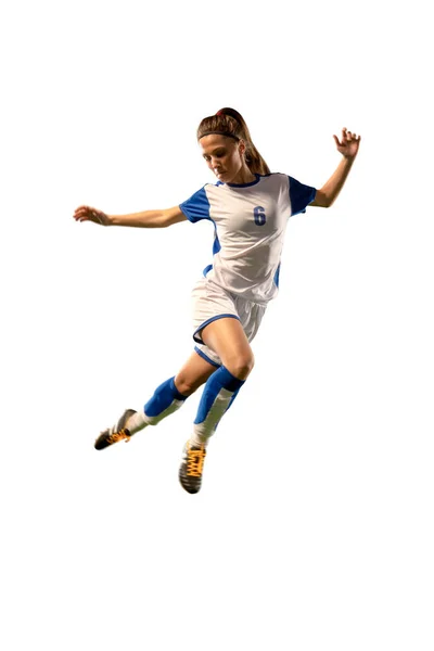 Jogadora Futebol Feminino Isolada Fundo Branco Menina Jogando Futebol — Fotografia de Stock