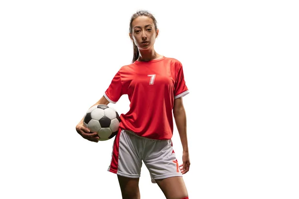 Jogadora Futebol Feminino Isolado Jogar Fundo Branco Menina Com Bola — Fotografia de Stock