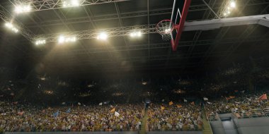 Professional basketball arena with basketball hoop in 3D. Tribunes with sport fans clipart