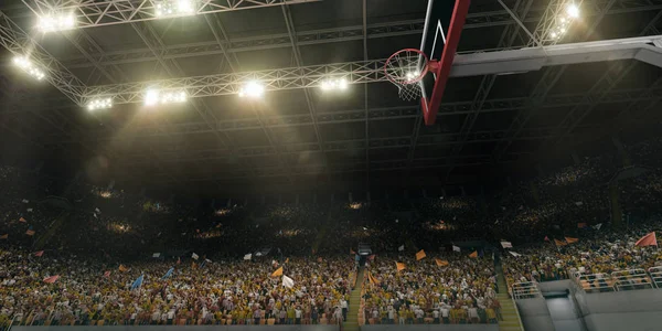 Professional basketball arena with basketball hoop in 3D. Tribunes with sport fans