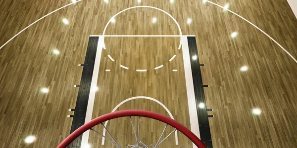 Professional basketball arena with basketball hoop in 3D. Top view through the basketball hoop