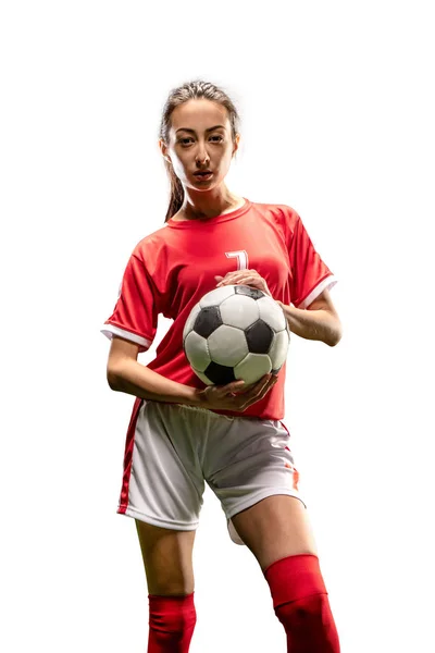 Jogadora Futebol Feminino Isolada Fundo Branco Menina Com Bola Futebol — Fotografia de Stock
