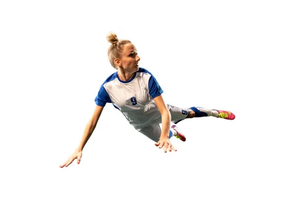 Geïsoleerde Vrouwelijke Voetballer Witte Achtergrond Meisje Spelen Voetbal Stockfoto