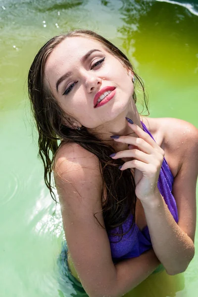 Wet Model Takes Shower Swims Clothes Wet Clothing Wet Look — Stock Photo, Image